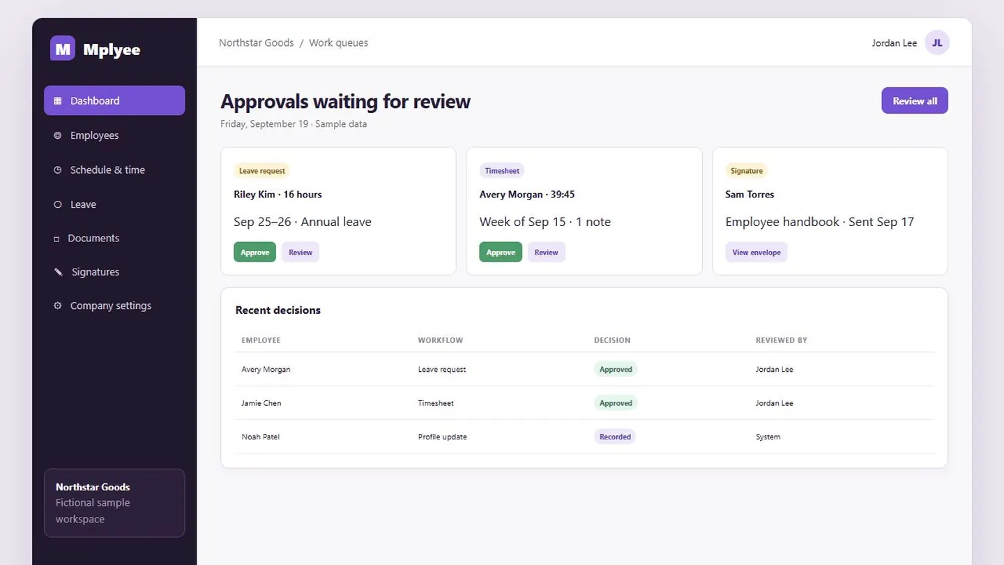 HR approval queue with fictional requests