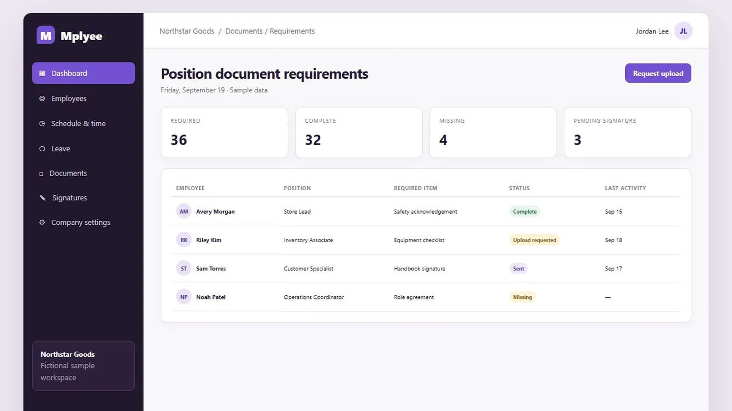 Required document checklist with fictional employee data
