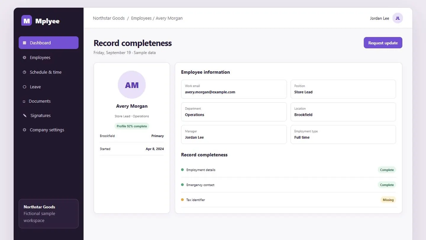 Employee profile completeness view with sample data