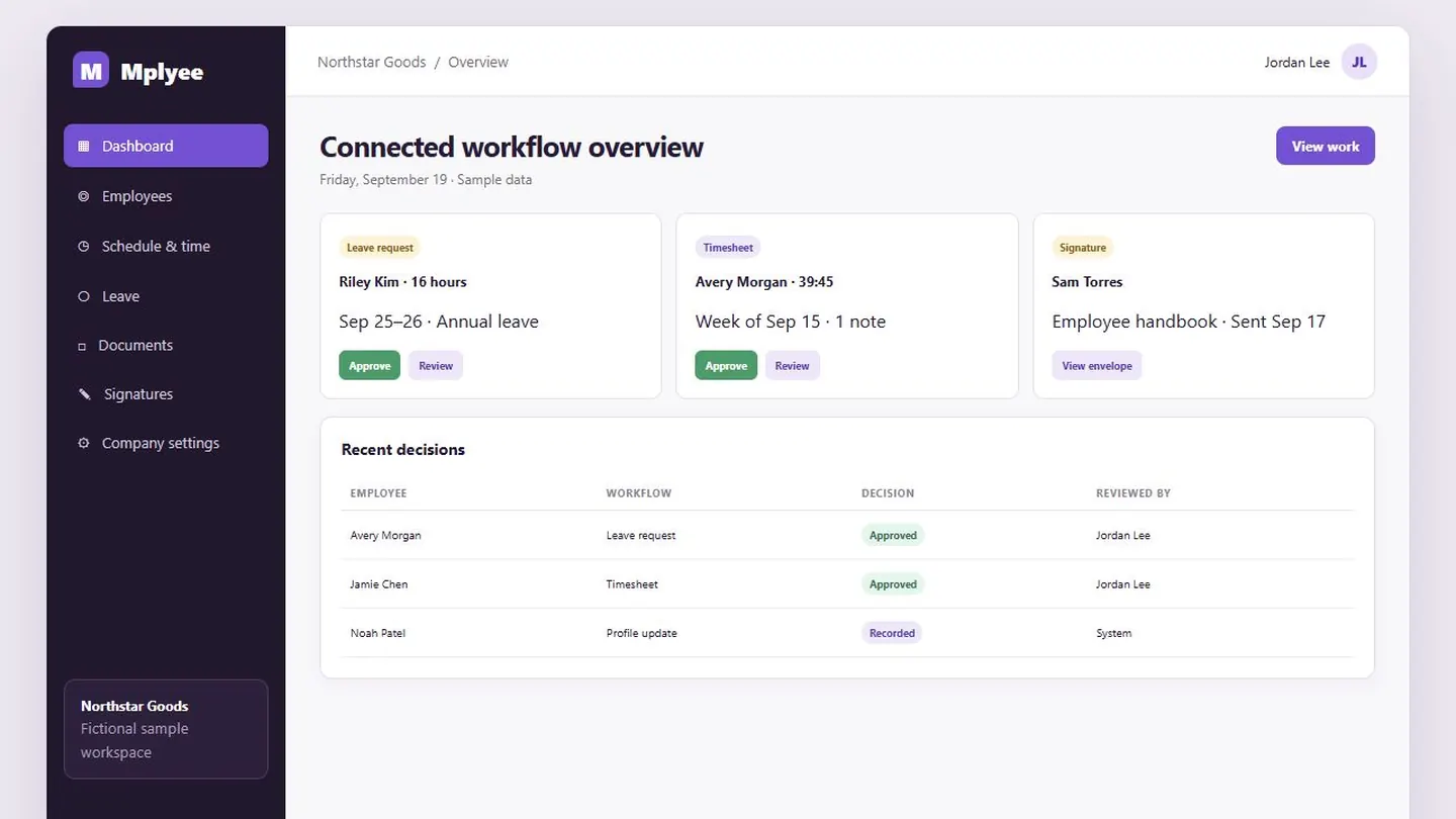 Collage of Mplyee employee, leave, and schedule workflows with sample data
