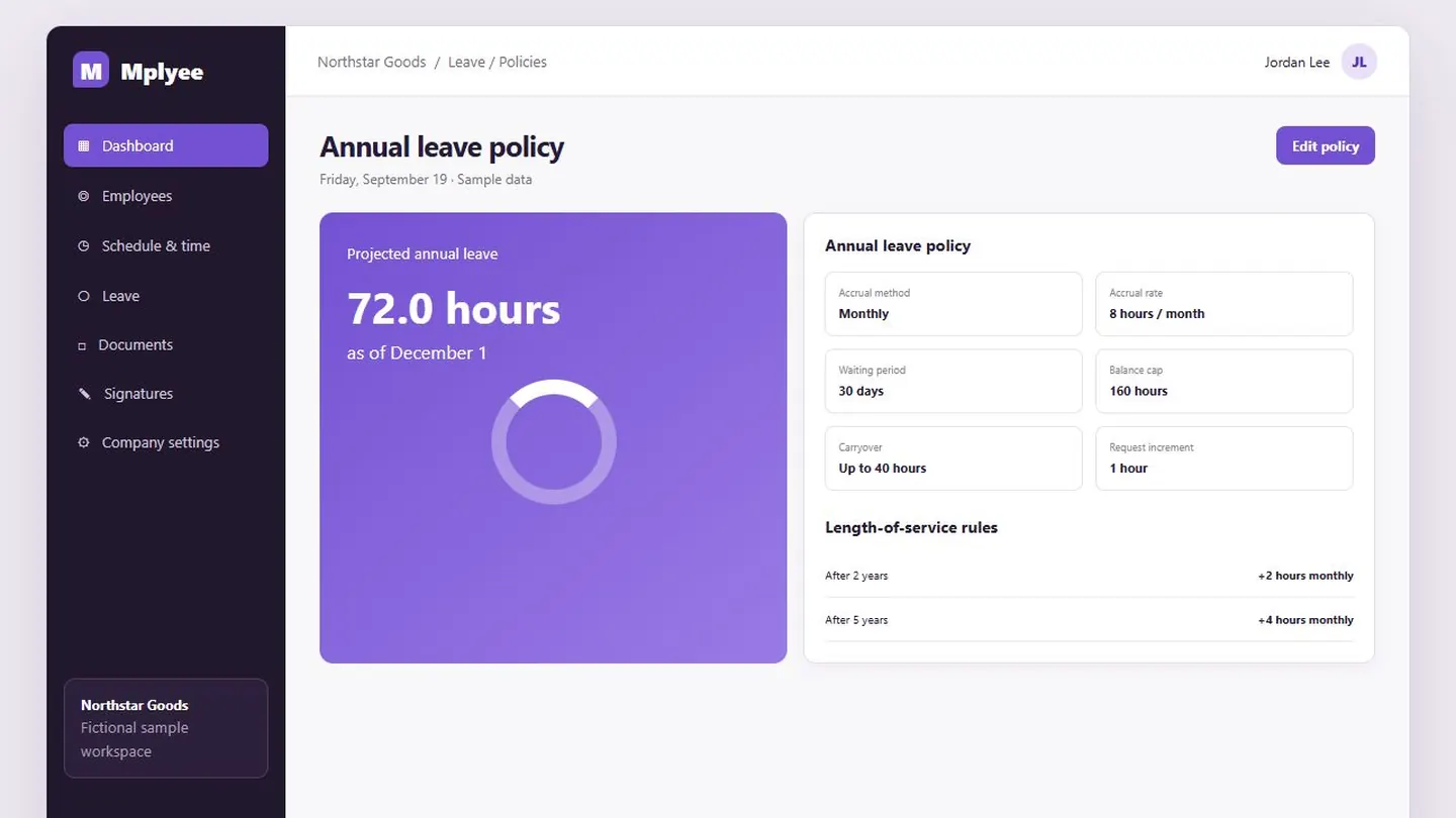 Leave policy and accrual rules with sample data