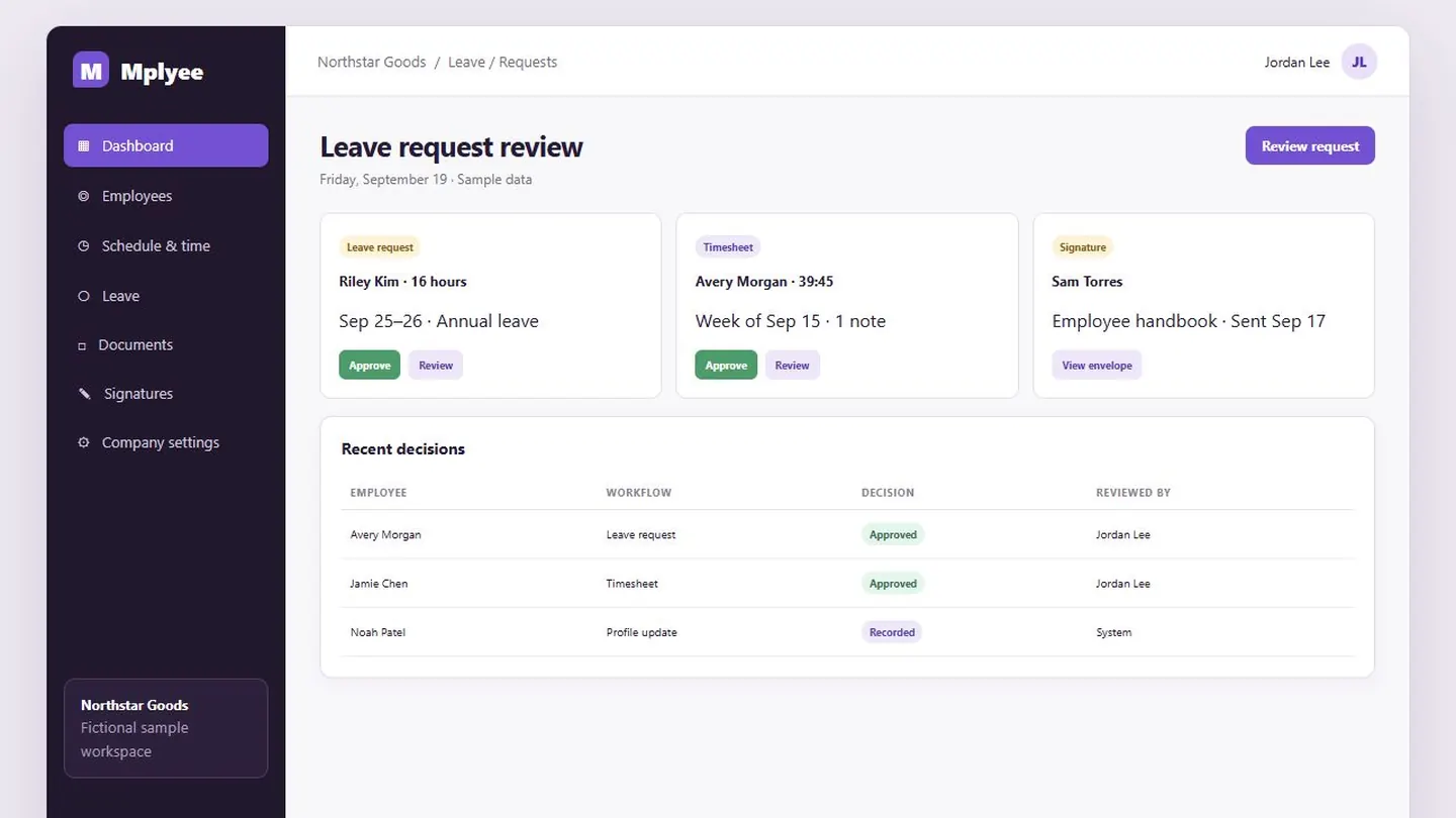 Leave balance and approval request using fictional data