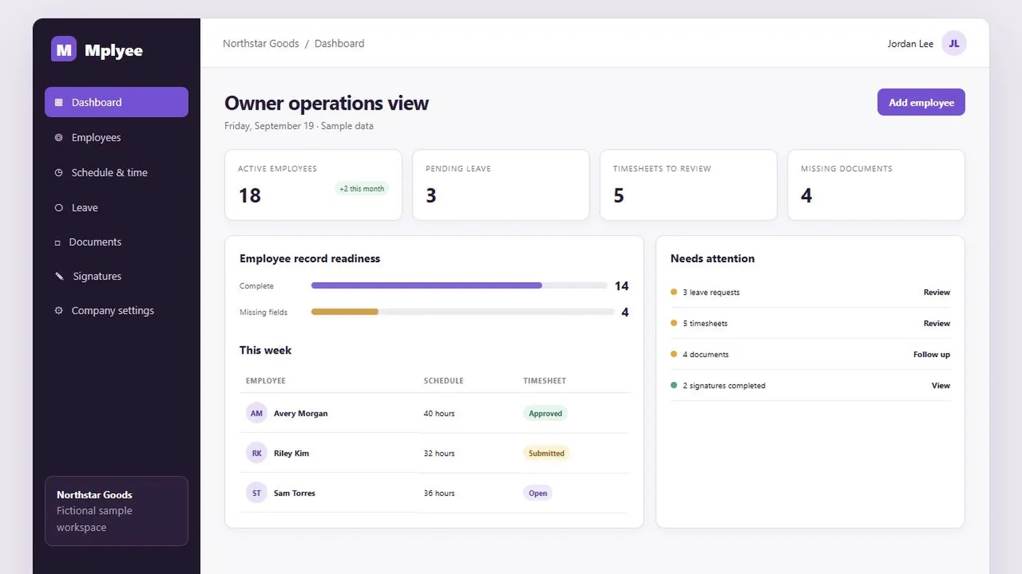 Small business owner dashboard with sample data