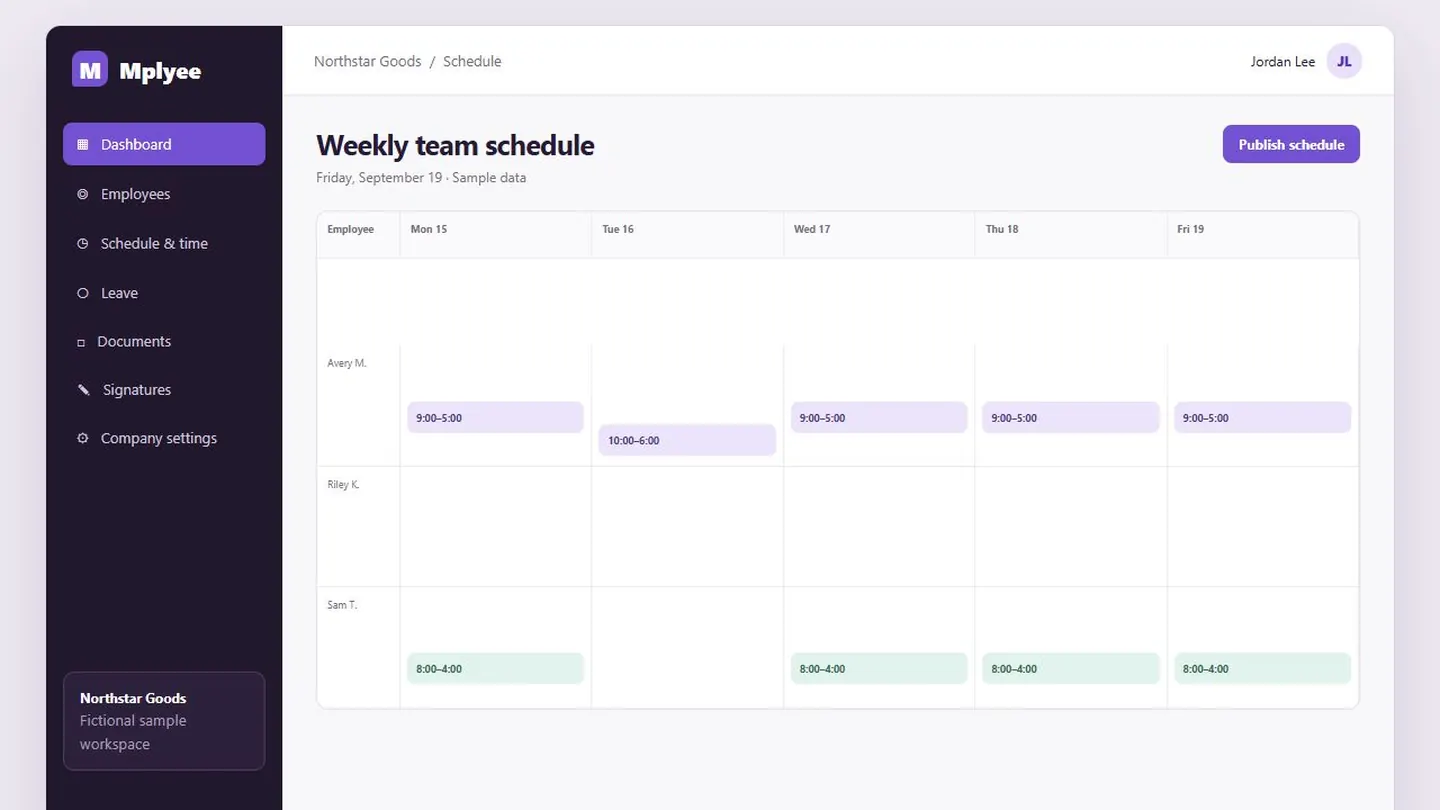 Weekly schedule with fictional employee shifts