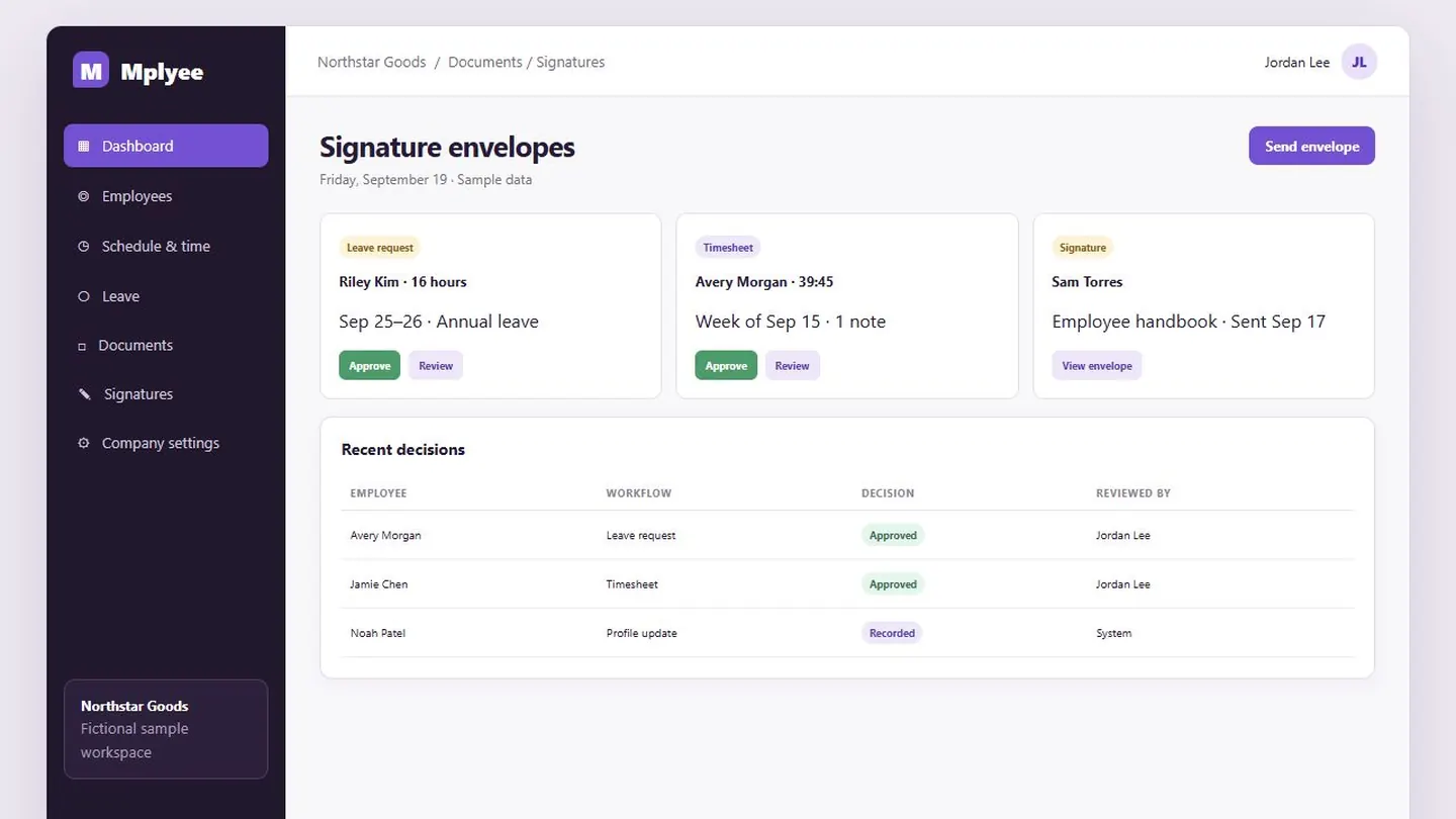 Signature envelope statuses with sample data