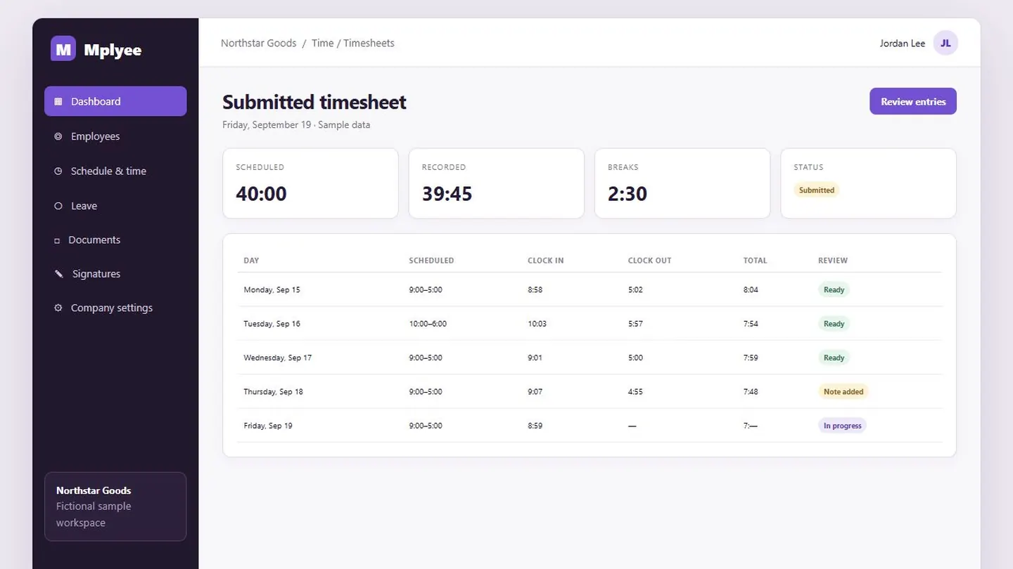Submitted timesheet review with sample time entries